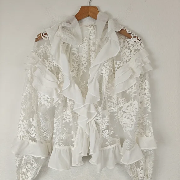 For Love & Lemons Holiday Lace Blouse (SAMPLE) Silk Top S Romantic Sheer Lace - Picture 10 of 16